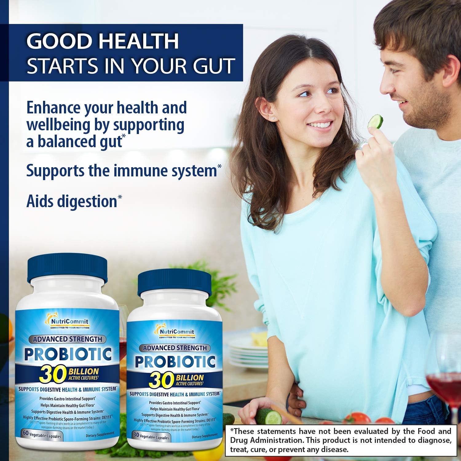 30 Billion Probiotic Veg Capsules for Digestive Health - Daily Probiotic Supplement for Men & Women - Boosts Immune System, Supports Stomach Health