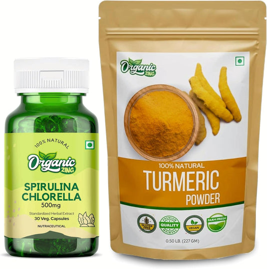 30-Cap Spirulina Chlorella Bundle with 227g Turmeric Powder for Immune Support and Detoxification