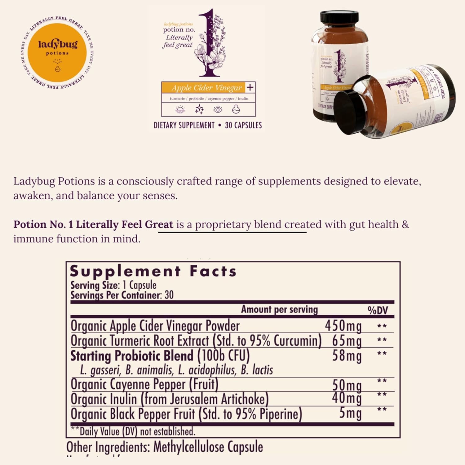 30 Capsules Ladybug Potions Gut Health Support with Apple Cider Vinegar, Probiotics, Turmeric, Black Pepper, Inulin, and Cayenne Pepper - Digestive Health for Women and Men