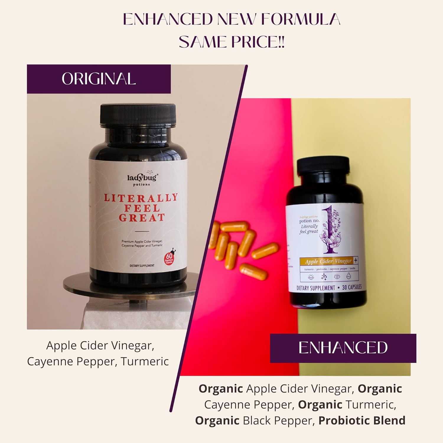 30 Capsules Ladybug Potions Gut Health Support with Apple Cider Vinegar, Probiotics, Turmeric, Black Pepper, Inulin, and Cayenne Pepper - Digestive Health for Women and Men