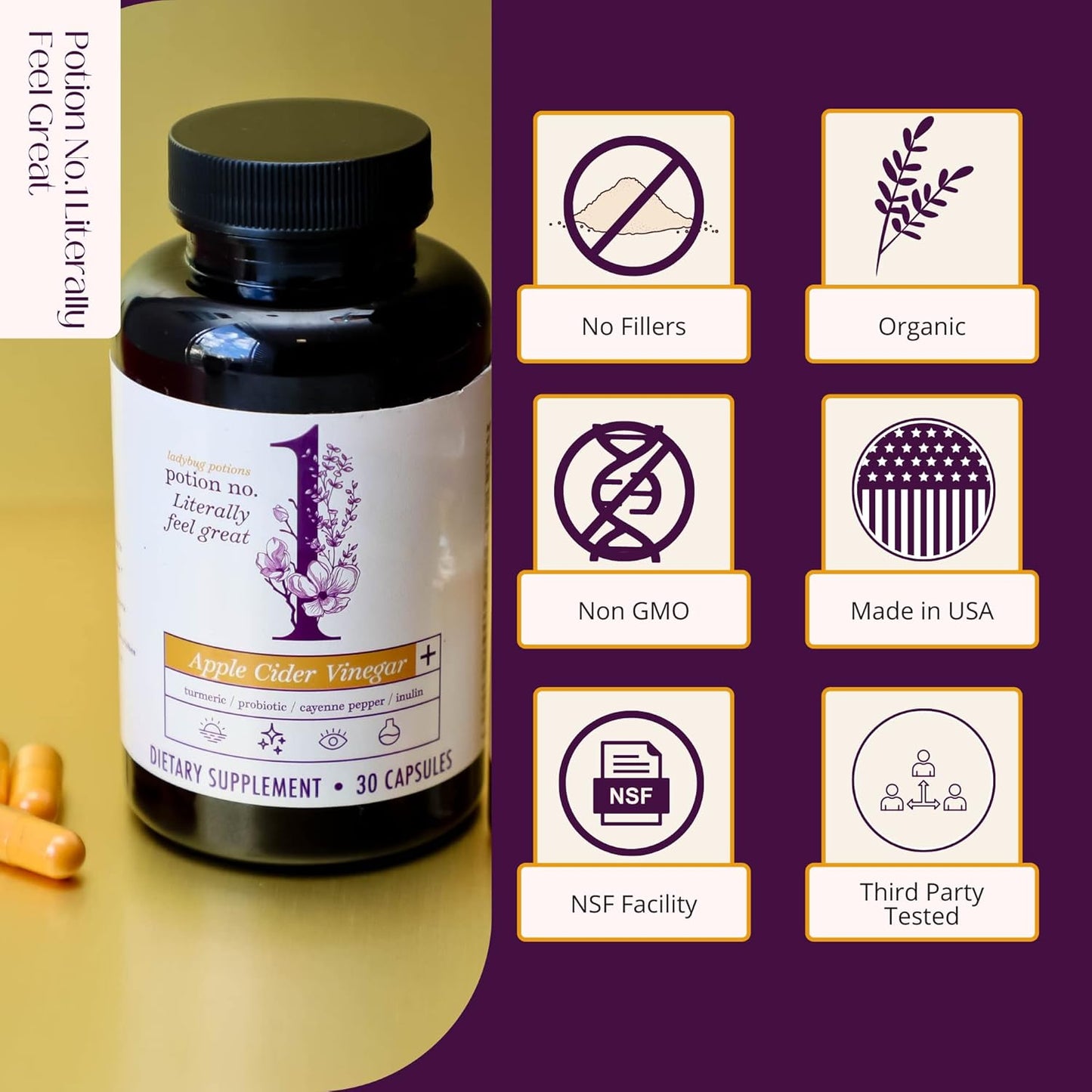30 Capsules Ladybug Potions Gut Health Support with Apple Cider Vinegar, Probiotics, Turmeric, Black Pepper, Inulin, and Cayenne Pepper - Digestive Health for Women and Men