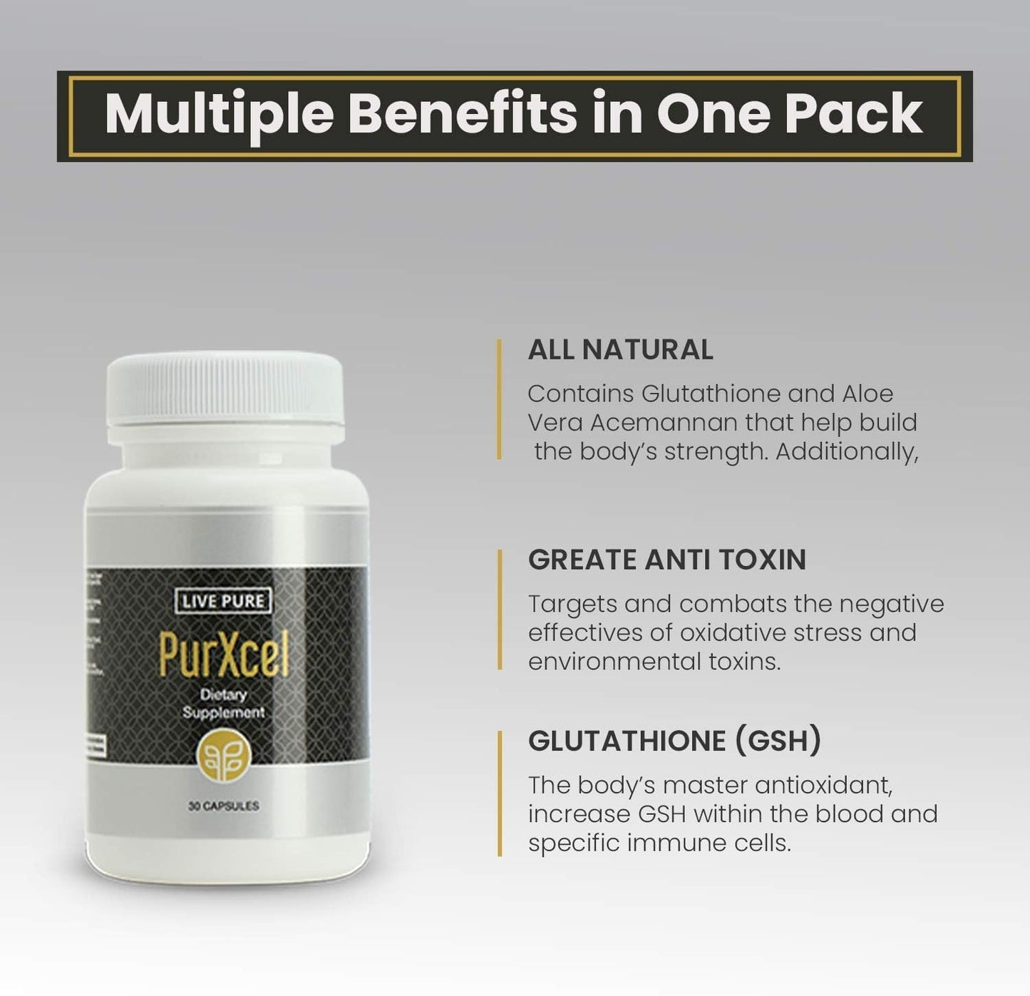 30 Capsules of Pure PurXcel Antioxidant Supplement with Glutathione & Superoxide Dismutase for Skin, Joints & Cleansing