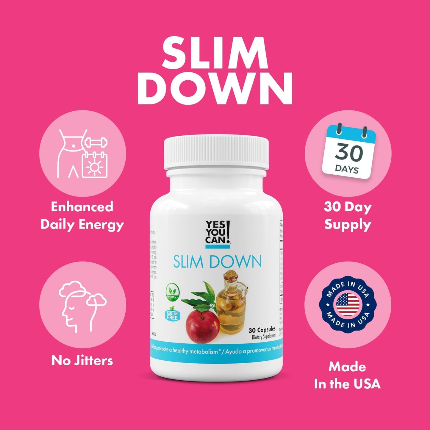 30 Capsules of Slim Down Dietary Supplements with African Mango, L-Carnitine, Green Tea, Apple Cider Vinegar, & Guarana Seed Extract for Weight Loss - 1 Month Supply