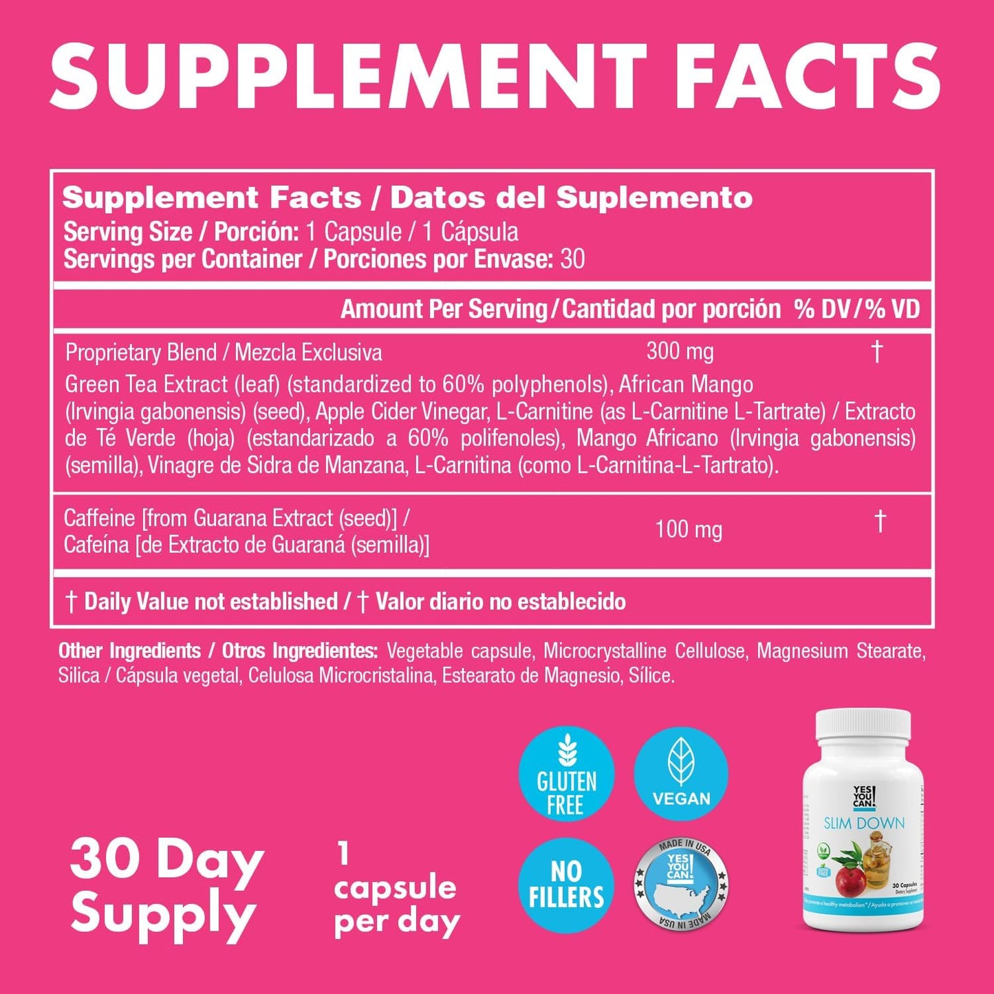 30 Capsules of Slim Down Dietary Supplements with African Mango, L-Carnitine, Green Tea, Apple Cider Vinegar, & Guarana Seed Extract for Weight Loss - 1 Month Supply