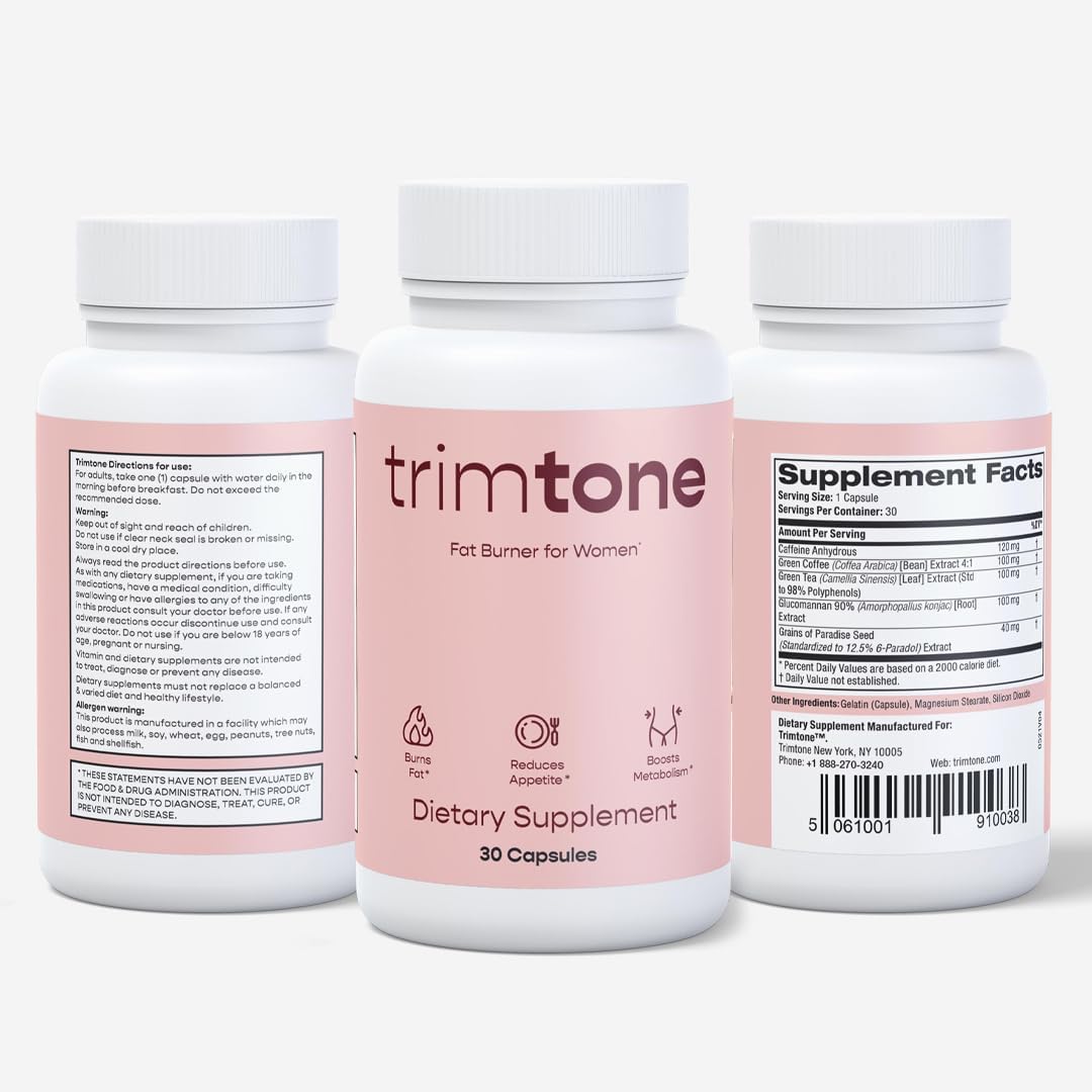 30 Capsules of TRIMTONE Slimming Formula Pills for Women: Mood-Boosting Formula, Appetite Suppressant, Detox Cleanse, Fast-Acting Diet Pills for Belly Fat- 1 Daily