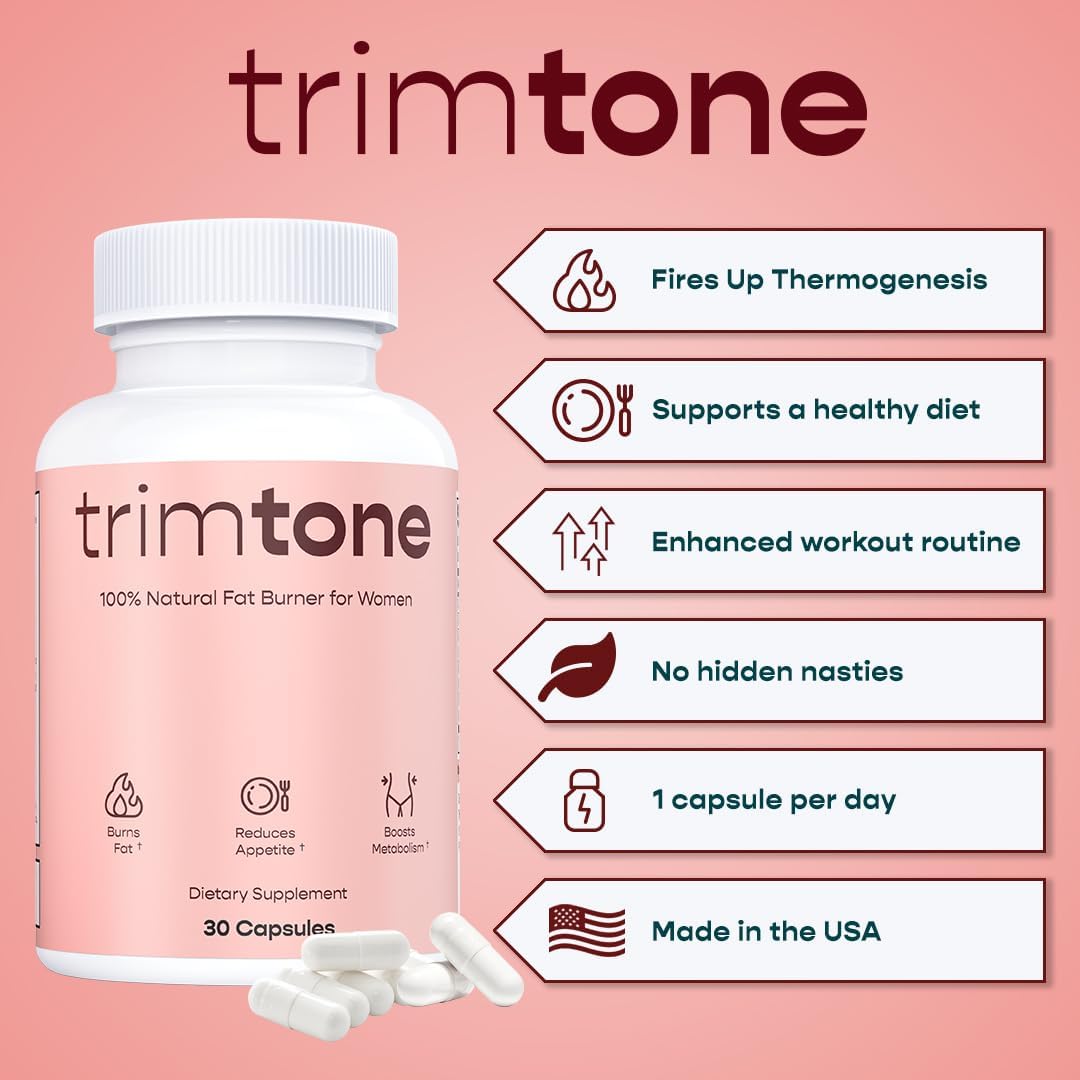30 Capsules of TRIMTONE Slimming Formula Pills for Women: Mood-Boosting Formula, Appetite Suppressant, Detox Cleanse, Fast-Acting Diet Pills for Belly Fat- 1 Daily