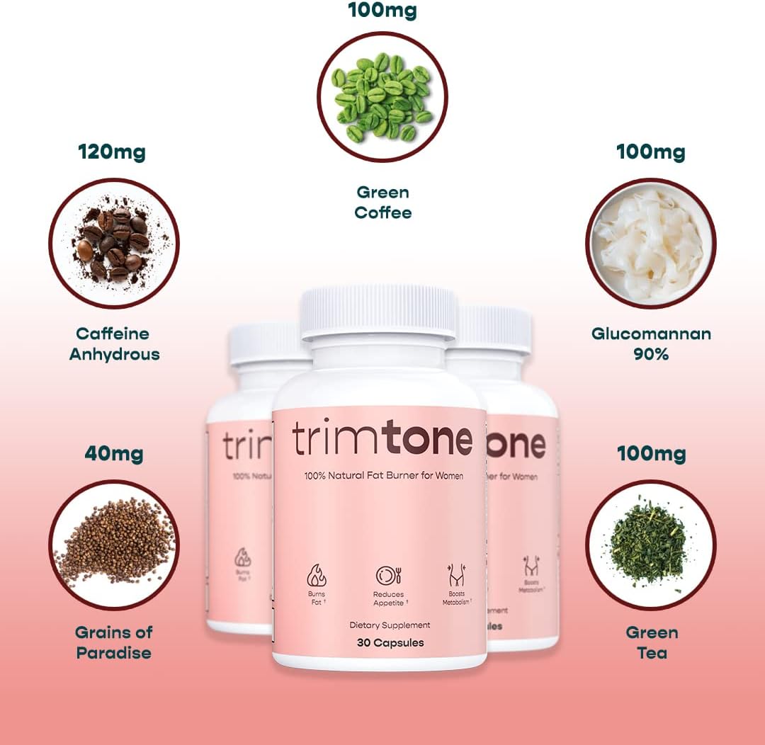 30 Capsules of TRIMTONE Slimming Formula Pills for Women: Mood-Boosting Formula, Appetite Suppressant, Detox Cleanse, Fast-Acting Diet Pills for Belly Fat- 1 Daily