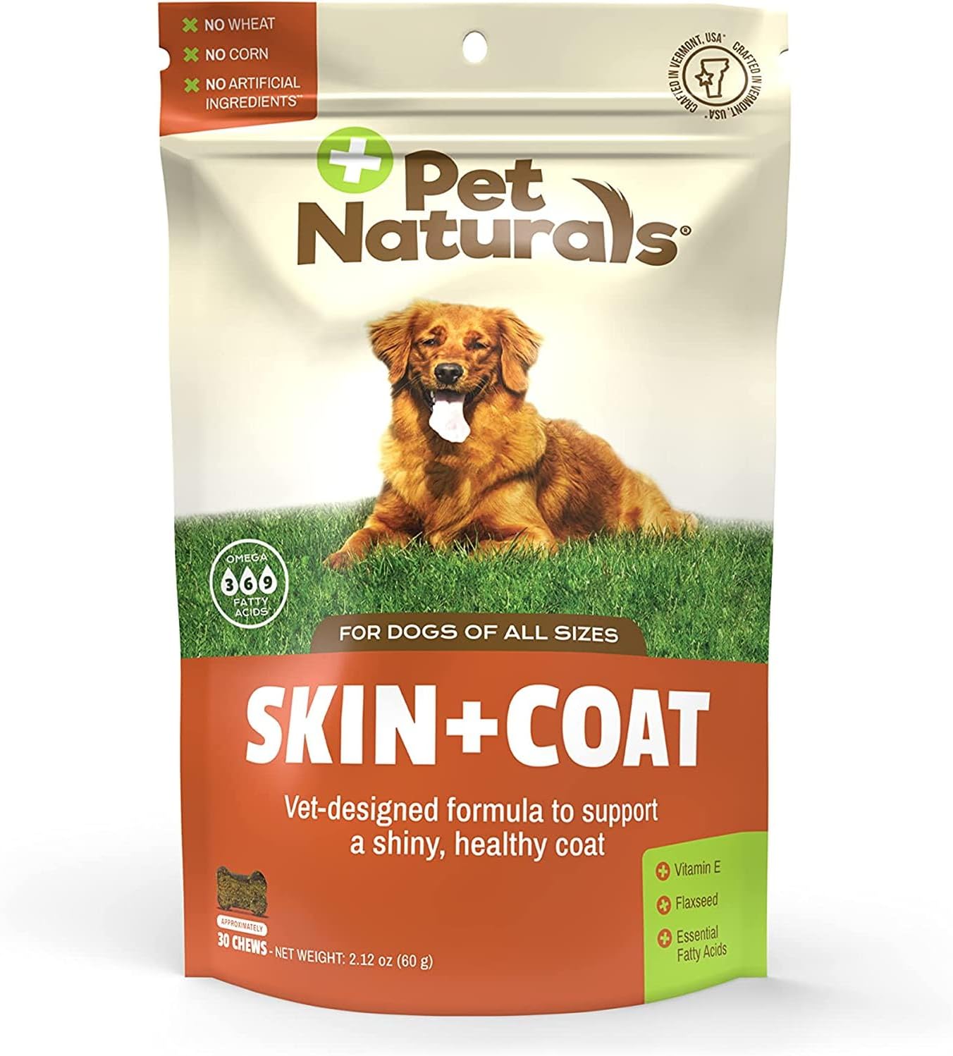 30 Chews Pet Naturals Skin and Coat Supplement for Dogs with Dry, Itchy, and Irritated Skin - Salmon Oil, Vitamin E, and Flax Oil - Vet Recommended - Corn and Wheat Free