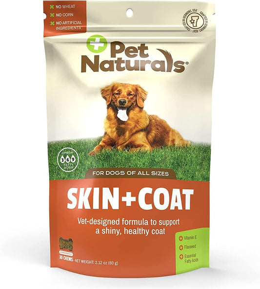 30 Chews Pet Naturals Skin and Coat Supplement for Dogs with Dry, Itchy, and Irritated Skin - Salmon Oil, Vitamin E, and Flax Oil - Vet Recommended - Corn and Wheat Free