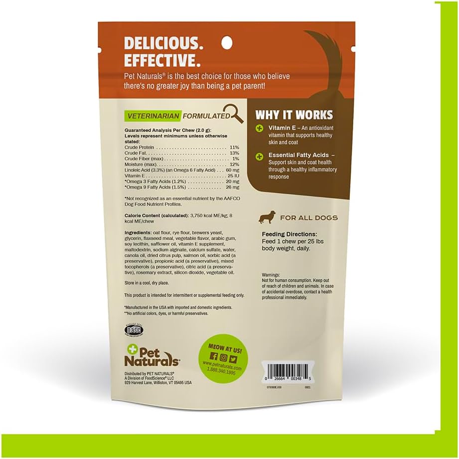 30 Chews Pet Naturals Skin and Coat Supplement for Dogs with Dry, Itchy, and Irritated Skin - Salmon Oil, Vitamin E, and Flax Oil - Vet Recommended - Corn and Wheat Free