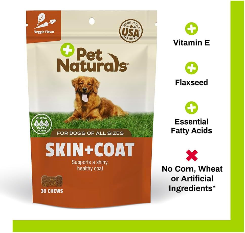 30 Chews Pet Naturals Skin and Coat Supplement for Dogs with Dry, Itchy, and Irritated Skin - Salmon Oil, Vitamin E, and Flax Oil - Vet Recommended - Corn and Wheat Free