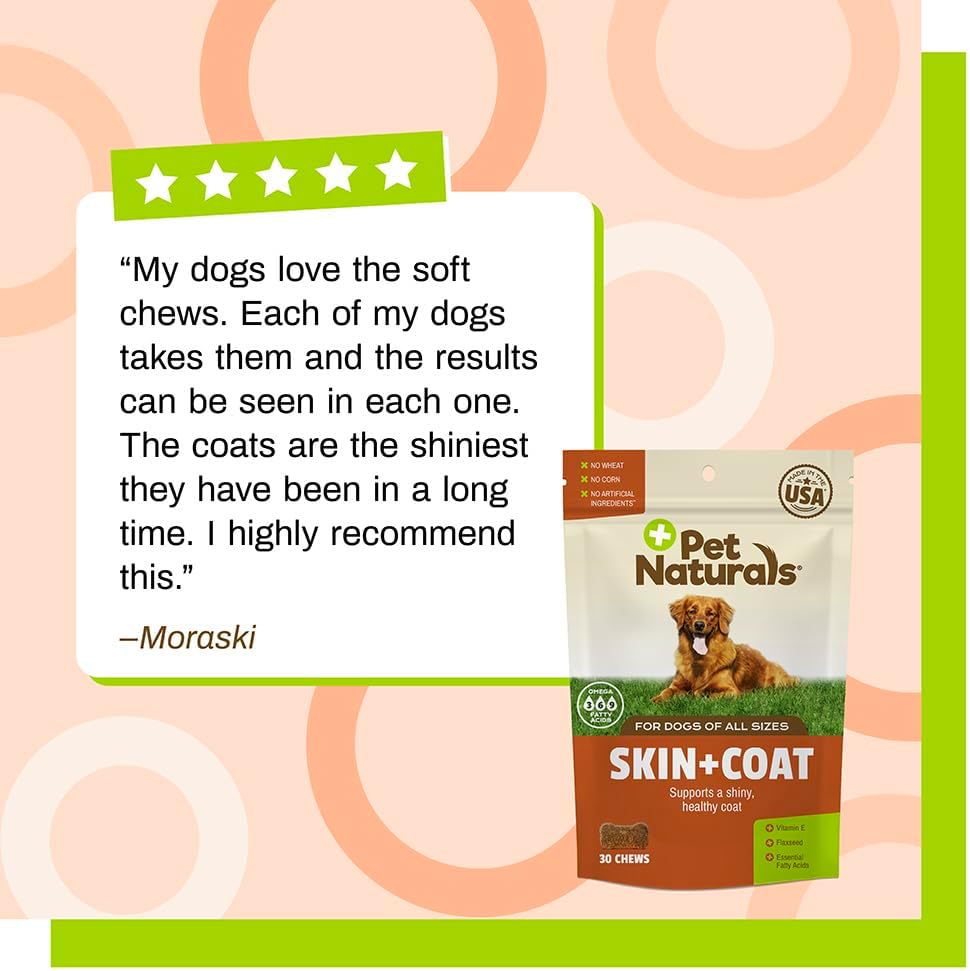 30 Chews Pet Naturals Skin and Coat Supplement for Dogs with Dry, Itchy, and Irritated Skin - Salmon Oil, Vitamin E, and Flax Oil - Vet Recommended - Corn and Wheat Free