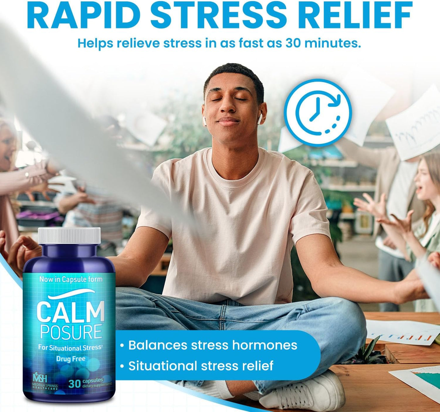 30 Count CALMPOSURE Anti Stress Capsules with Magnesium & Vitamin C - Quick Relief from Stress - Calm Supplement for Adults - No Side Effects
