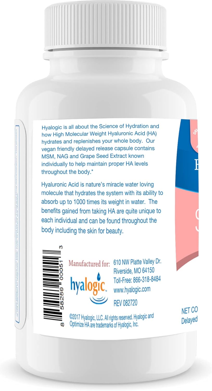 30 Count Hyaluric Acid Delayed-Release Capsules with Glucosamine MSM and Grape Seed Extract - Vegan Skin and Body Health Supplement