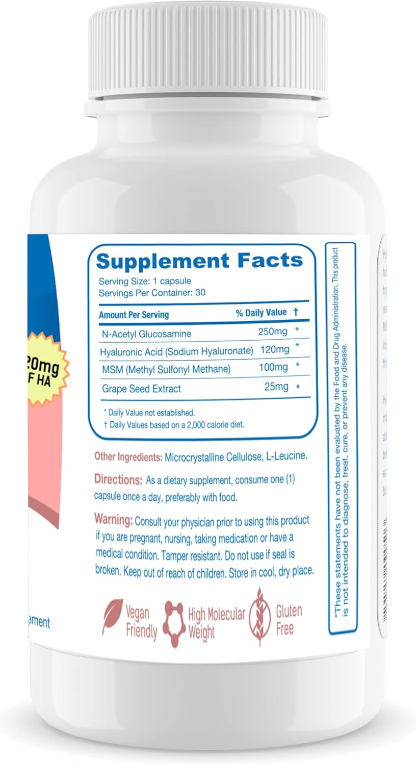 30 Count Hyaluric Acid Delayed-Release Capsules with Glucosamine MSM and Grape Seed Extract - Vegan Skin and Body Health Supplement