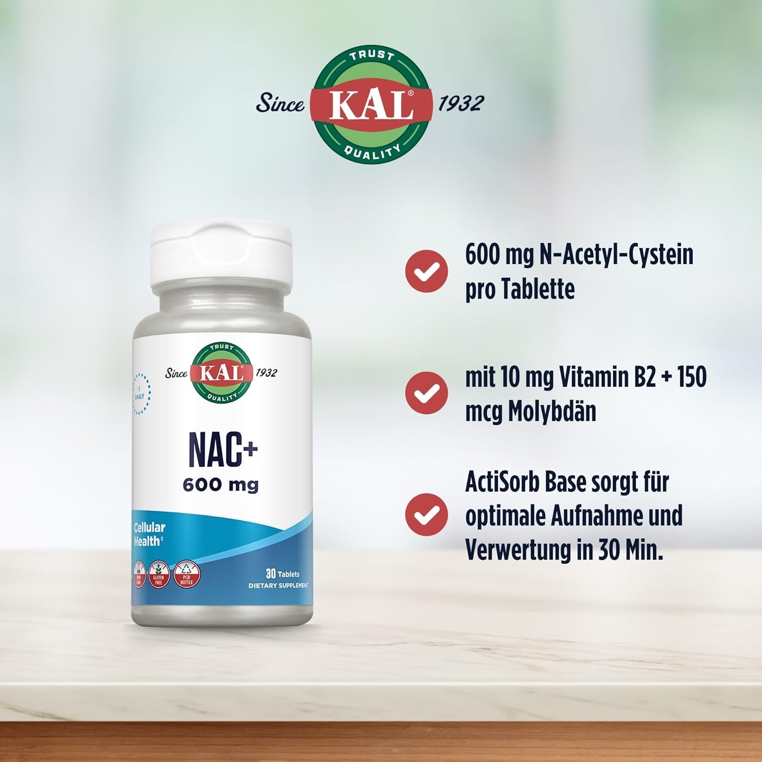 30 Count Kal 600 Mg N-acetyl Cysteine Plus Tablets for Immune Support