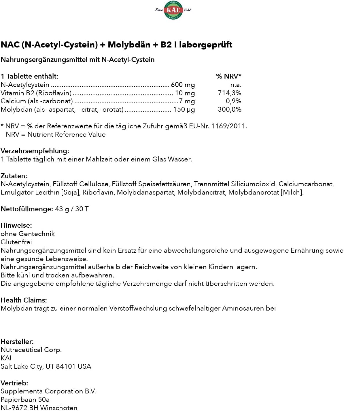 30 Count Kal 600 Mg N-acetyl Cysteine Plus Tablets for Immune Support
