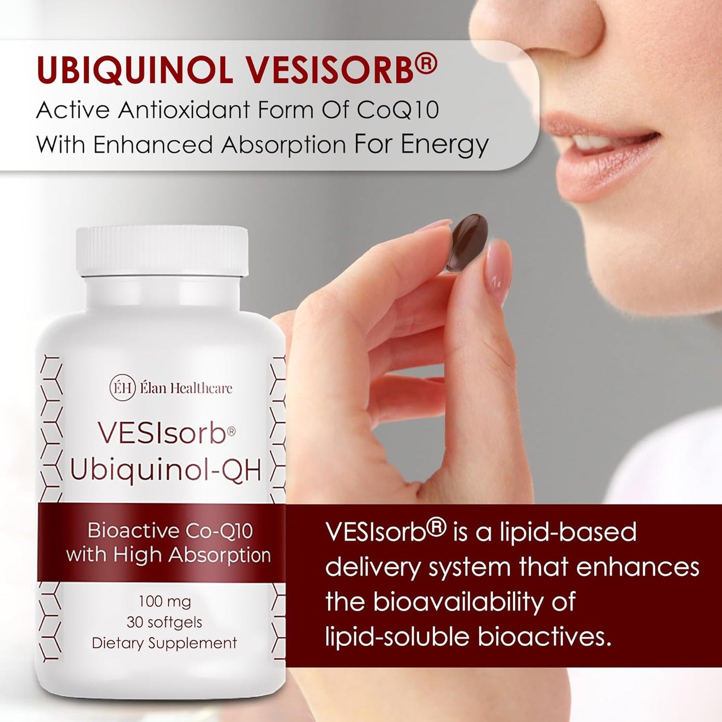 30-Count ÉLAN HEALTHCARE Ubiquinol-QH 100mg Softgels with VESIsorb Technology