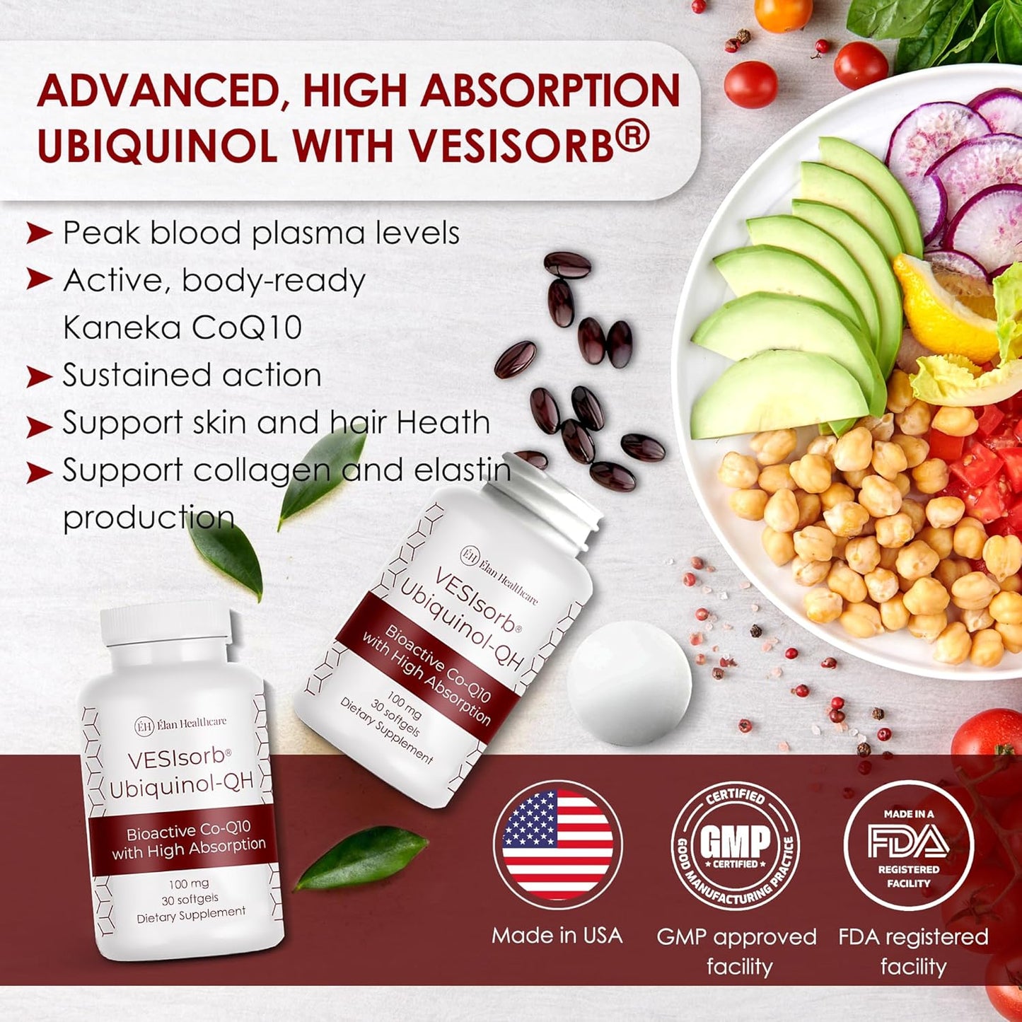 30-Count ÉLAN HEALTHCARE Ubiquinol-QH 100mg Softgels with VESIsorb Technology