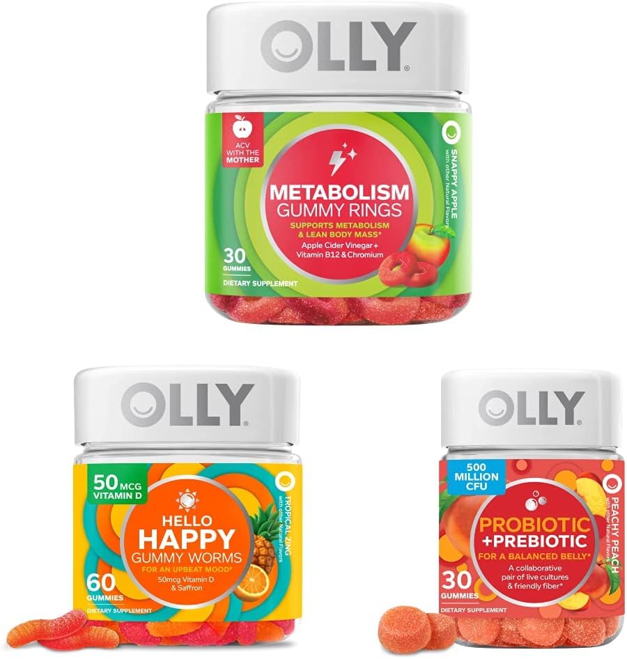 30 Count OLLY Apple Cider Vinegar Gummy Rings for Energy & Digestive Health + 60 Count Hello Happy Tropical Zing Gummy Worms for Mood Balance & Vitamin D Support