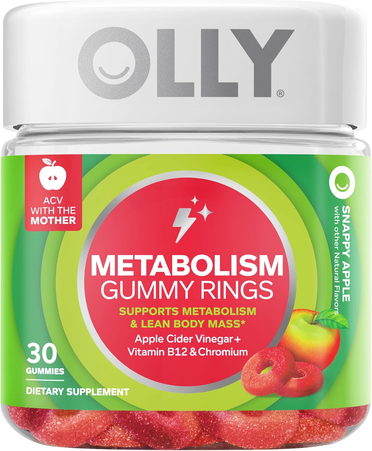 30 Count OLLY Apple Cider Vinegar Gummy Rings for Energy & Digestive Health + 60 Count Hello Happy Tropical Zing Gummy Worms for Mood Balance & Vitamin D Support