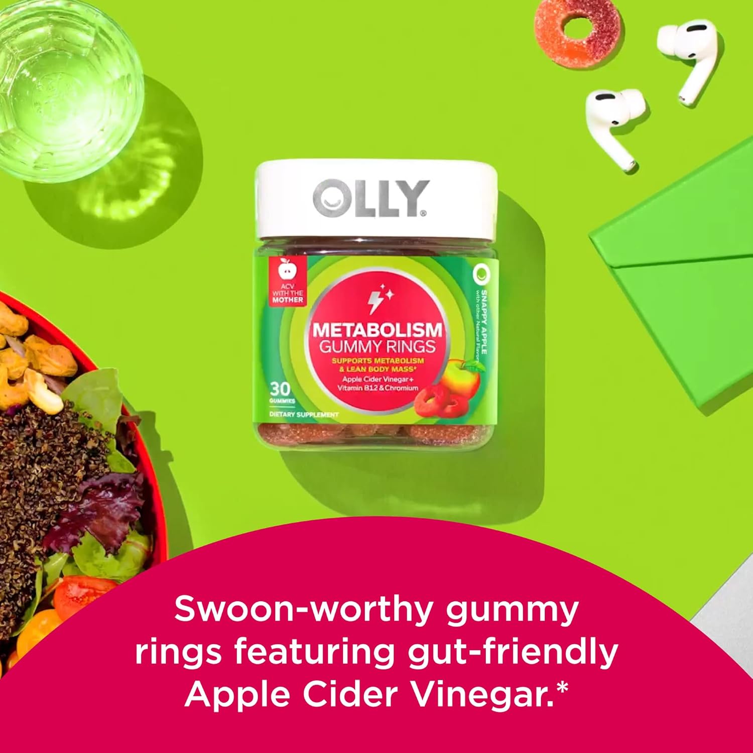 30 Count OLLY Apple Cider Vinegar Gummy Rings for Energy & Digestive Health + 60 Count Hello Happy Tropical Zing Gummy Worms for Mood Balance & Vitamin D Support