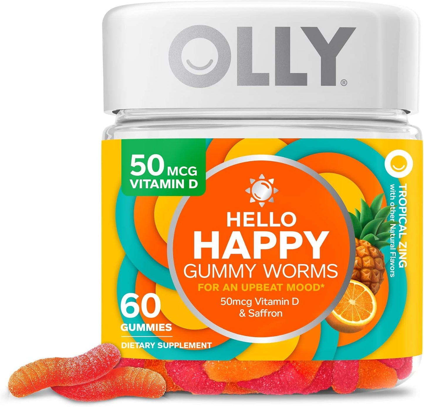 30 Count OLLY Apple Cider Vinegar Gummy Rings for Energy & Digestive Health + 60 Count Hello Happy Tropical Zing Gummy Worms for Mood Balance & Vitamin D Support