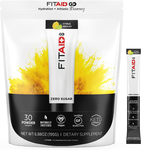 30 Count Pack of LIFEAID FITAID GO! ZERO SUGAR Recovery + Hydration Packets with BCAAs, Glucosamine, Electrolytes, Omega-3s - Clean, Vegan, Gluten-Free & Naturally Sweetened
