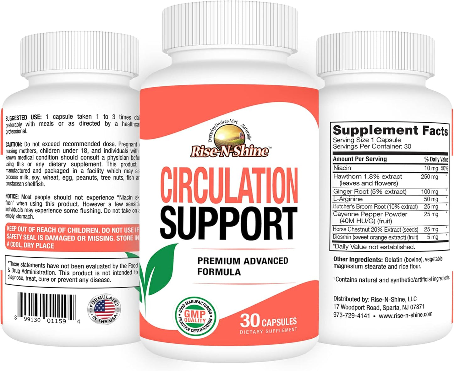 30 Count Rise-N-Shine Circulation Support Supplement with Hawthorn Extract, Ginger Root, L-Arginine for Enhanced Blood Flow