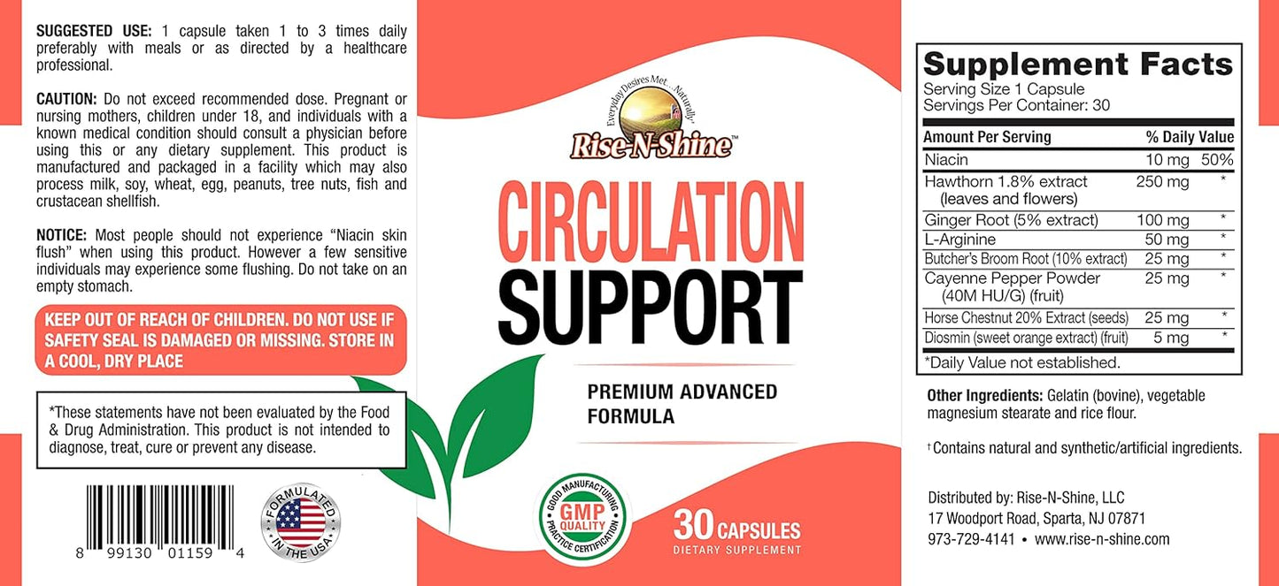 30 Count Rise-N-Shine Circulation Support Supplement with Hawthorn Extract, Ginger Root, L-Arginine for Enhanced Blood Flow