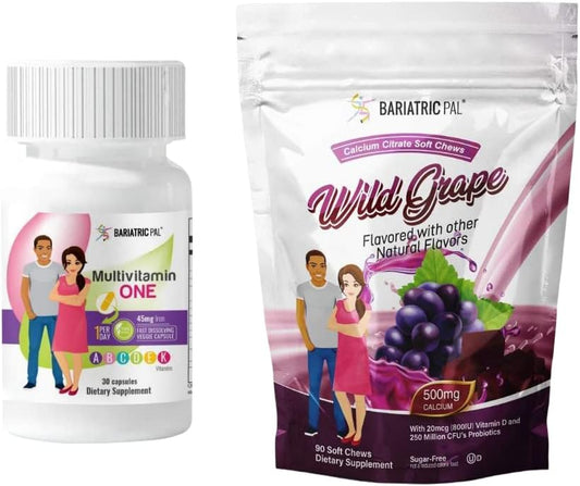 30-Day Bariatric Multivitamin Bundle with Iron Capsule, Calcium Citrate Soft Chews, and Probiotics - Wild Grape Flavor
