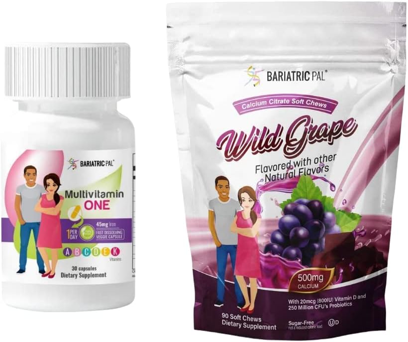 30-Day Bariatric Multivitamin Bundle with Iron Capsule, Calcium Citrate Soft Chews, and Probiotics - Wild Grape Flavor