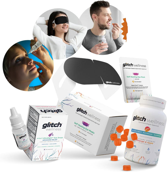 30-Day Glitch Daily Eye Care Kit: Self-Heating Eye Mask, UltraSight Eye Drops, Relief Gummies with Lutein & Zeaxanthin