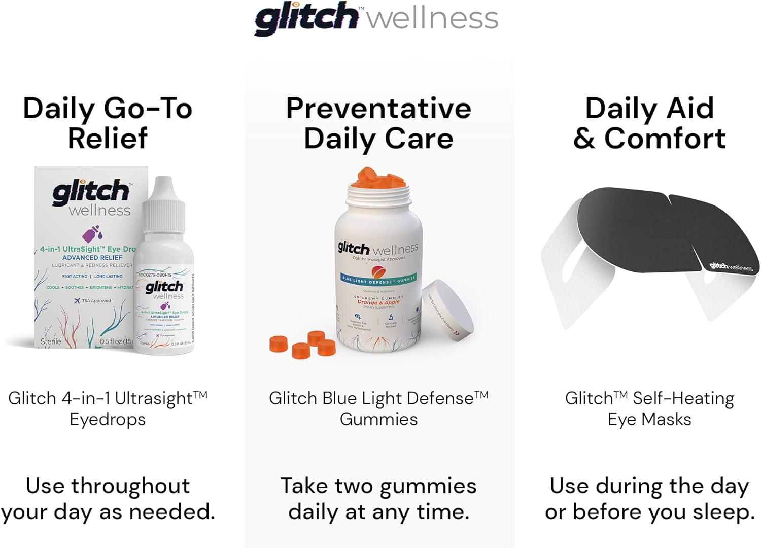 30-Day Glitch Daily Eye Care Kit: Self-Heating Eye Mask, UltraSight Eye Drops, Relief Gummies with Lutein & Zeaxanthin