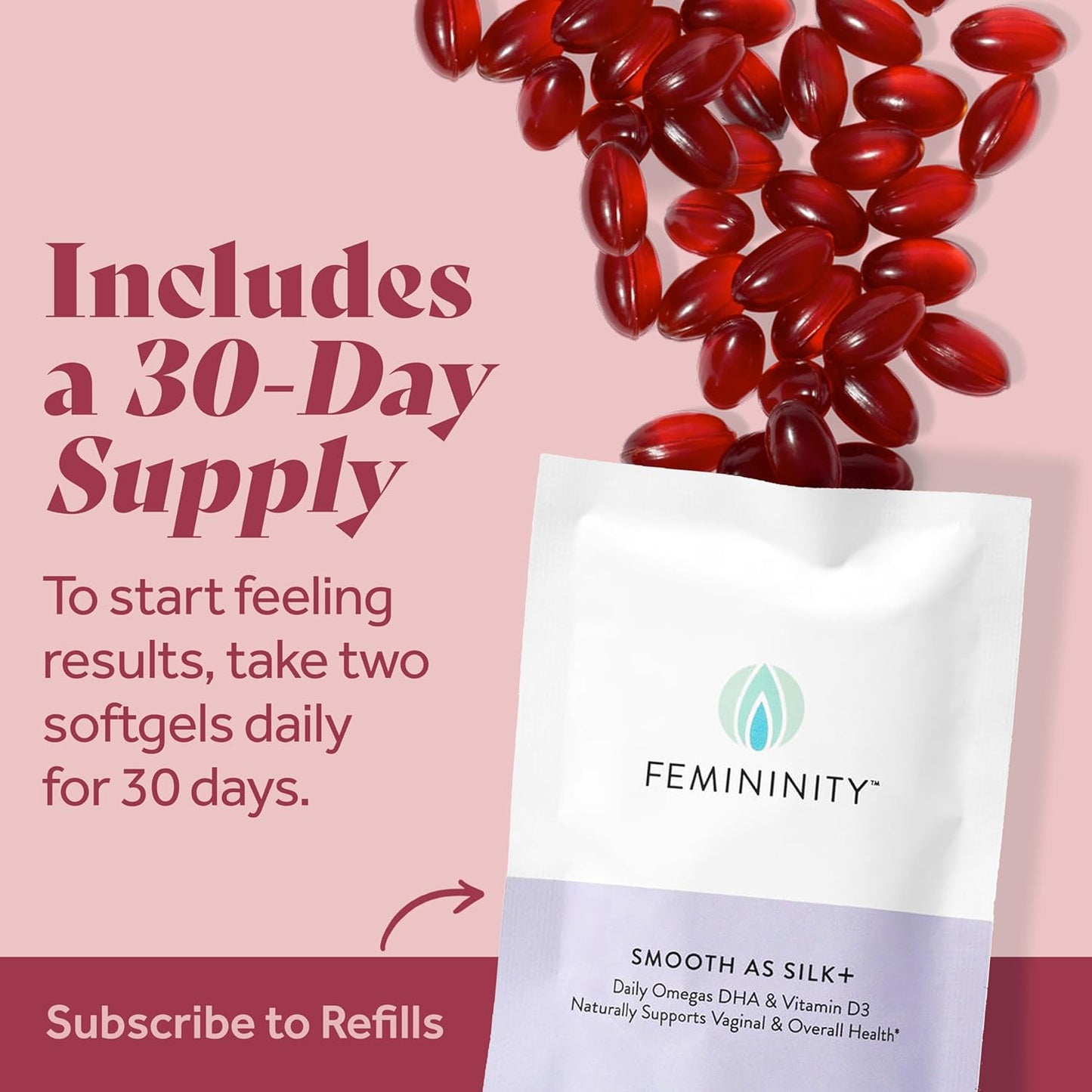 30-Day Refill for Vaginal Dryness - Sea Buckthorn Oil, Vitamin D3, Plant-Based Omega-3 DHA - 60 Softgels