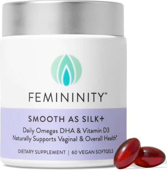 30-Day Starter Kit for Vaginal Dryness: Sea Buckthorn Oil, Vitamin D3, Plant-Based Omega-3 DHA - 60 Softgels & Refillable Glass Jar - Femininity Smooth as Silk