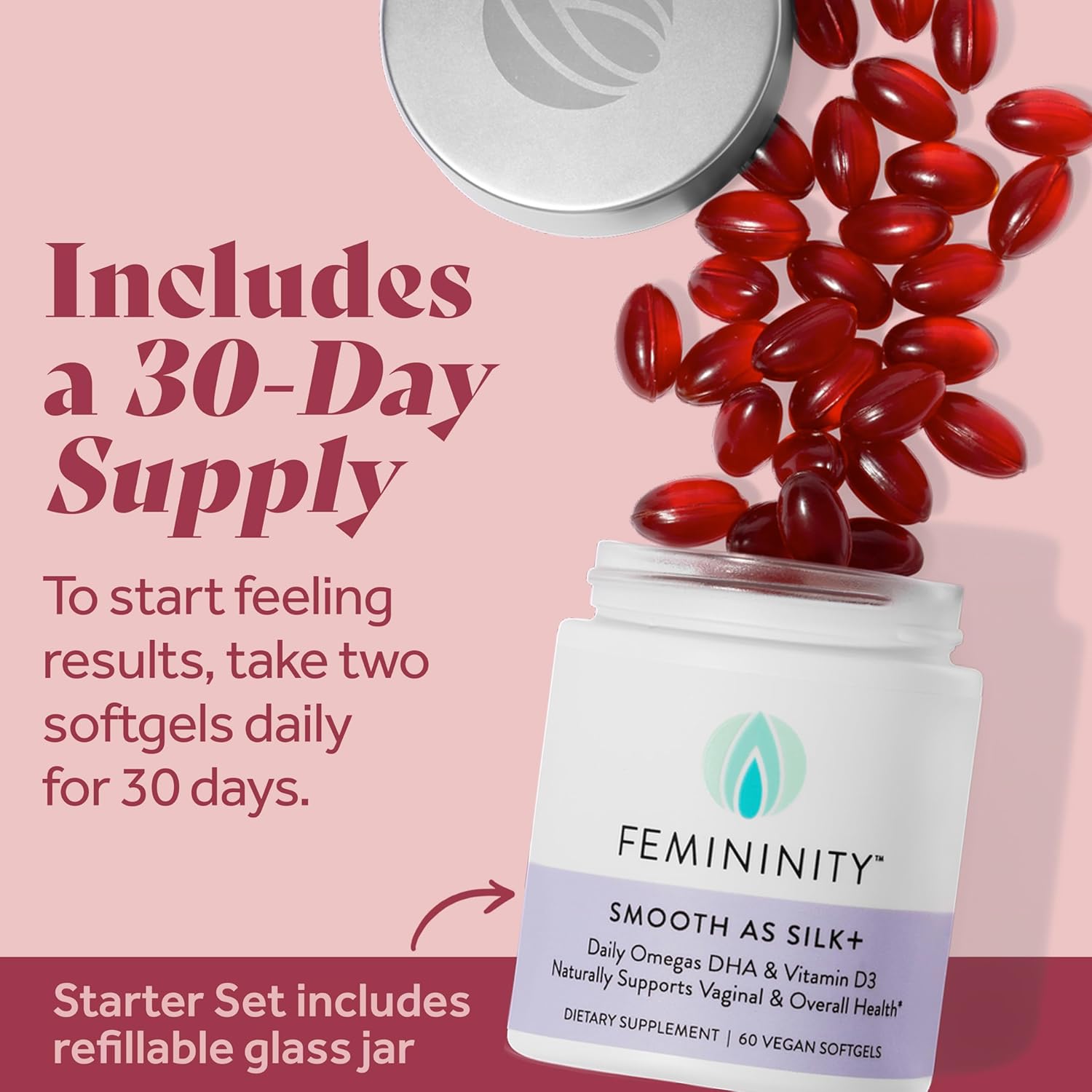 30-Day Starter Kit for Vaginal Dryness: Sea Buckthorn Oil, Vitamin D3, Plant-Based Omega-3 DHA - 60 Softgels & Refillable Glass Jar - Femininity Smooth as Silk