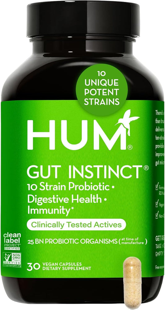 30-Day Supply HUM Gut Instinct: Probiotics for Digestive Health - Lactobacillus + Bifidobacterium Strains for Women and Men - Bloating, Immune Support + Gut Diversity
