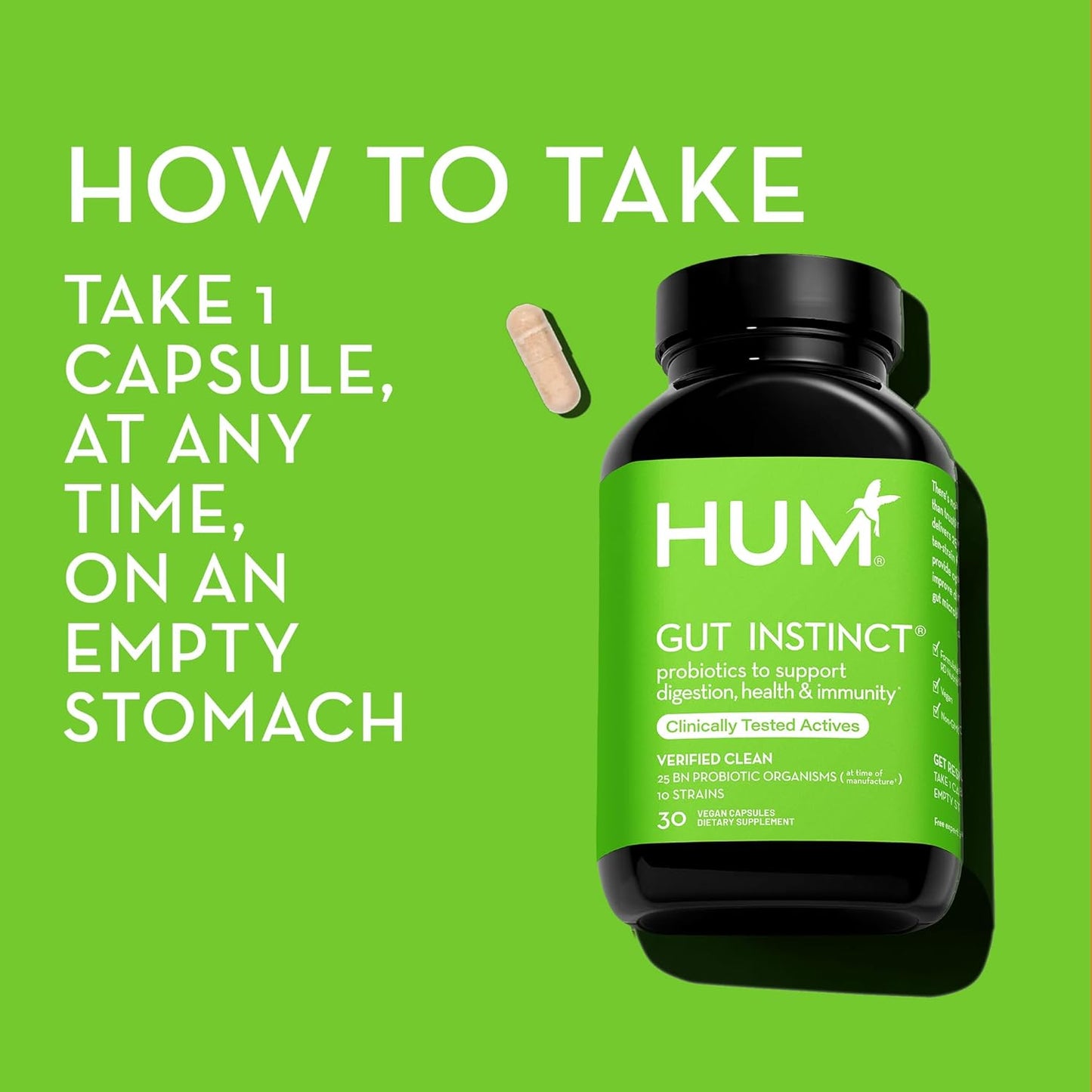 30-Day Supply HUM Gut Instinct: Probiotics for Digestive Health - Lactobacillus + Bifidobacterium Strains for Women and Men - Bloating, Immune Support + Gut Diversity