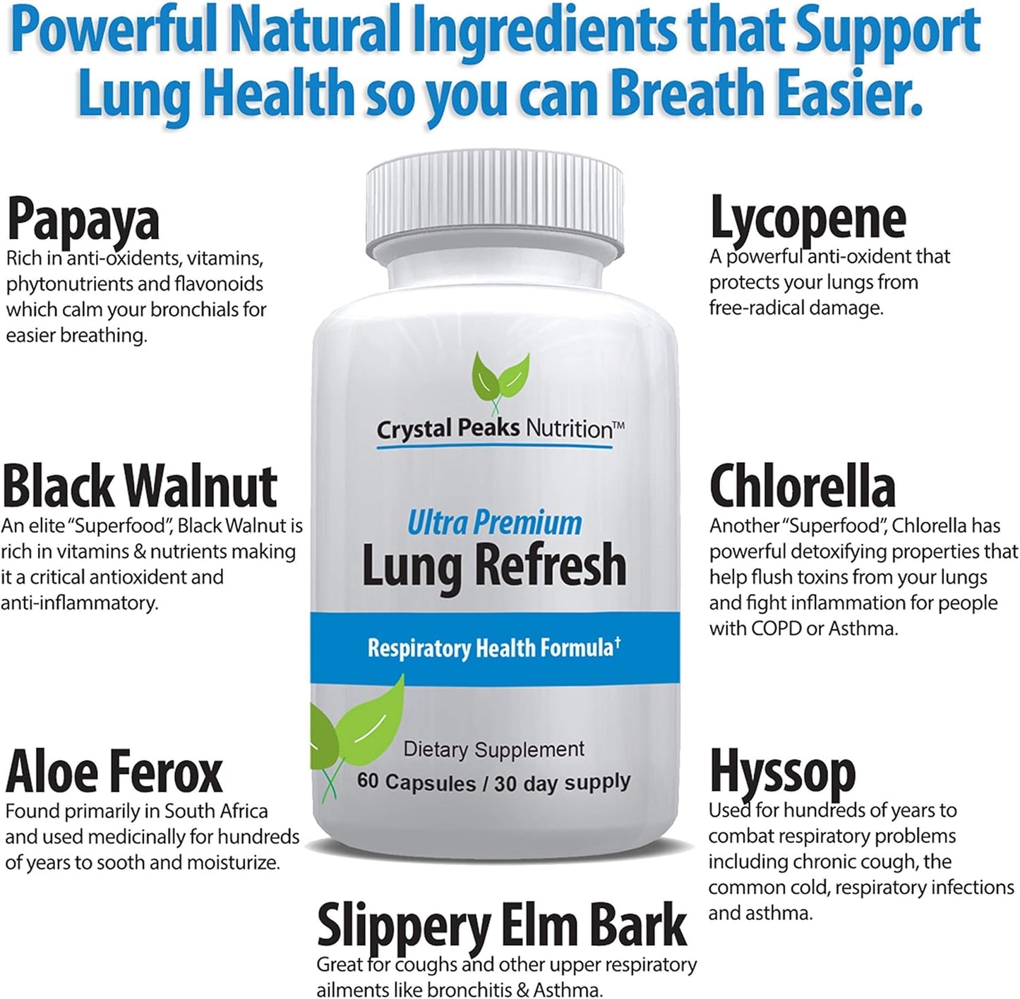 30-Day Supply of Crystal Peaks Nutrition Lung Health and Immunity Support Supplements for Improved Breathing and Immune Defense