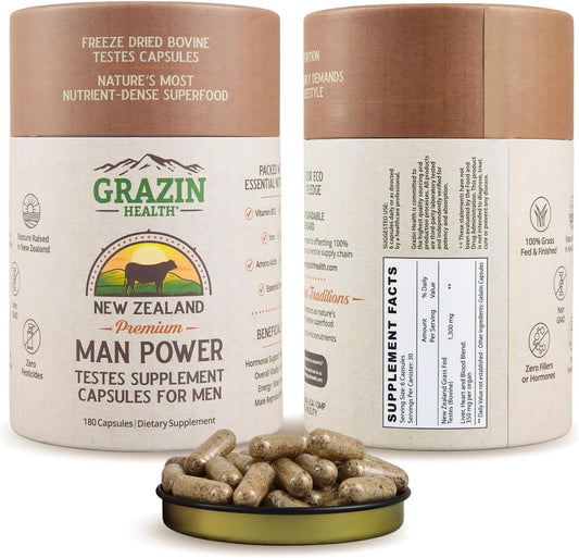 30 Day Supply of GRAZIN HEALTH Grass Fed Bovine Testes Man Power Capsules