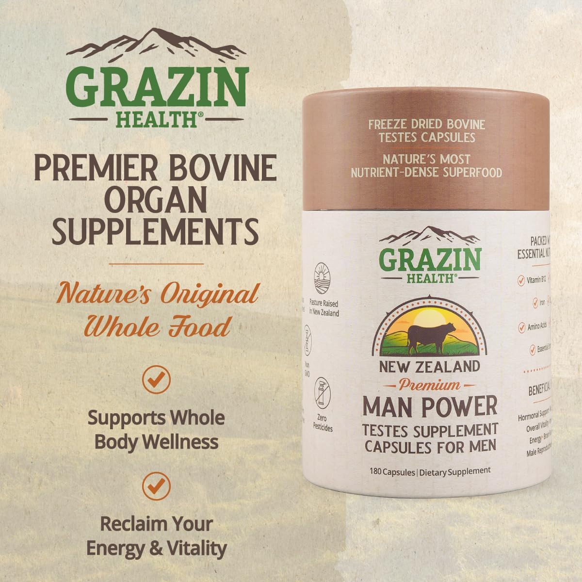 30 Day Supply of GRAZIN HEALTH Grass Fed Bovine Testes Man Power Capsules