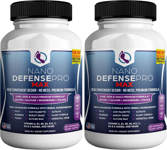 30-Day Supply of GREENVIFY Nano Defense Pro Max Hair Skin and Nails Supplement with Biotin, Calcium, and Magnesium Complex - 60 Capsules (2 Pack)