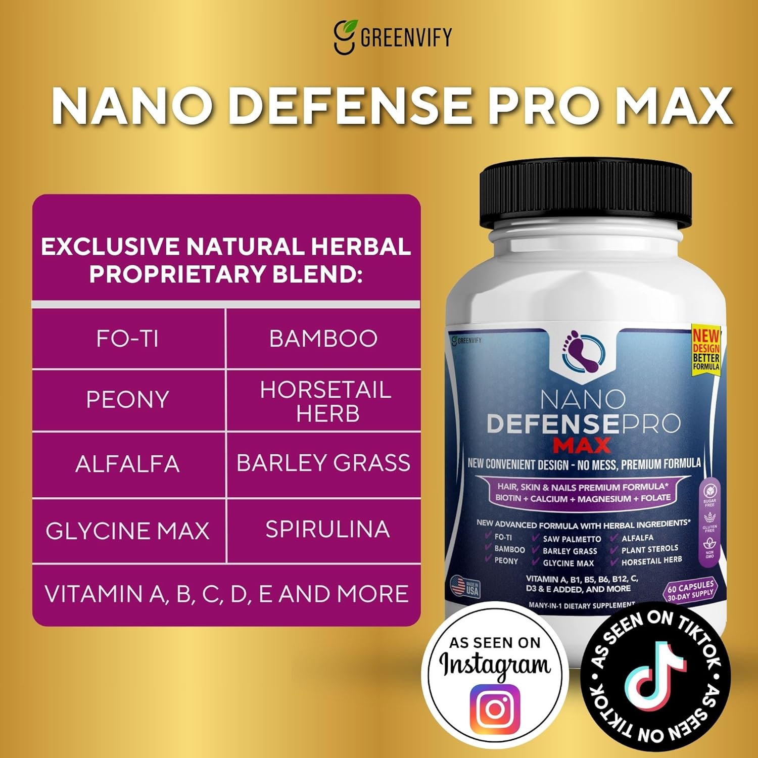 30-Day Supply of GREENVIFY Nano Defense Pro Max Hair Skin and Nails Supplement with Biotin, Calcium, and Magnesium Complex - 60 Capsules (2 Pack)