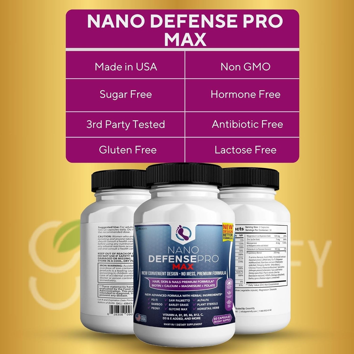 30-Day Supply of GREENVIFY Nano Defense Pro Max Hair Skin and Nails Supplement with Biotin, Calcium, and Magnesium Complex - 60 Capsules (2 Pack)