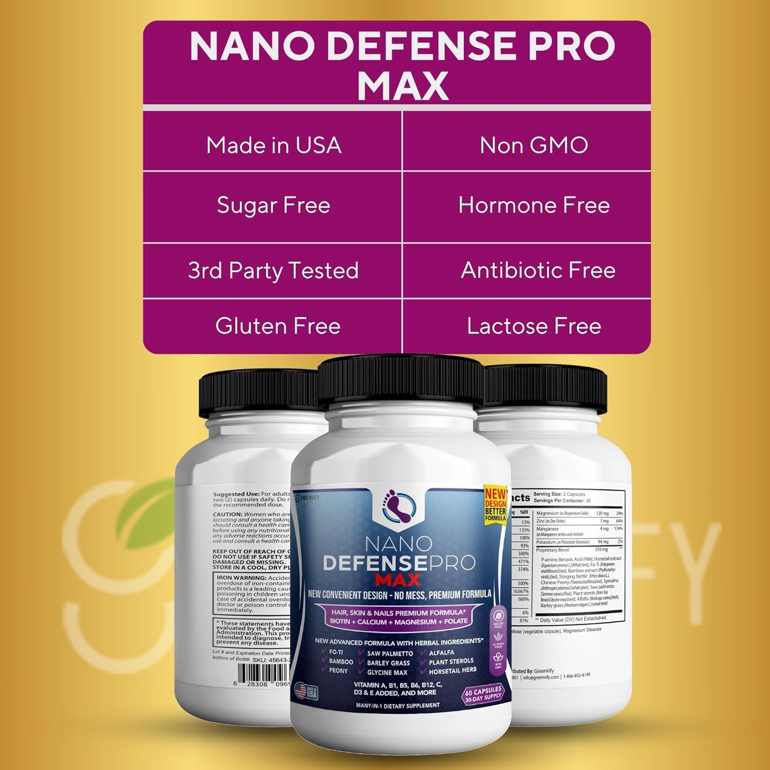 30-Day Supply of GREENVIFY Nano Defense Pro Max Hair Skin and Nails Supplement with Biotin, Calcium, and Magnesium Complex - 60 Capsules (2 Pack)