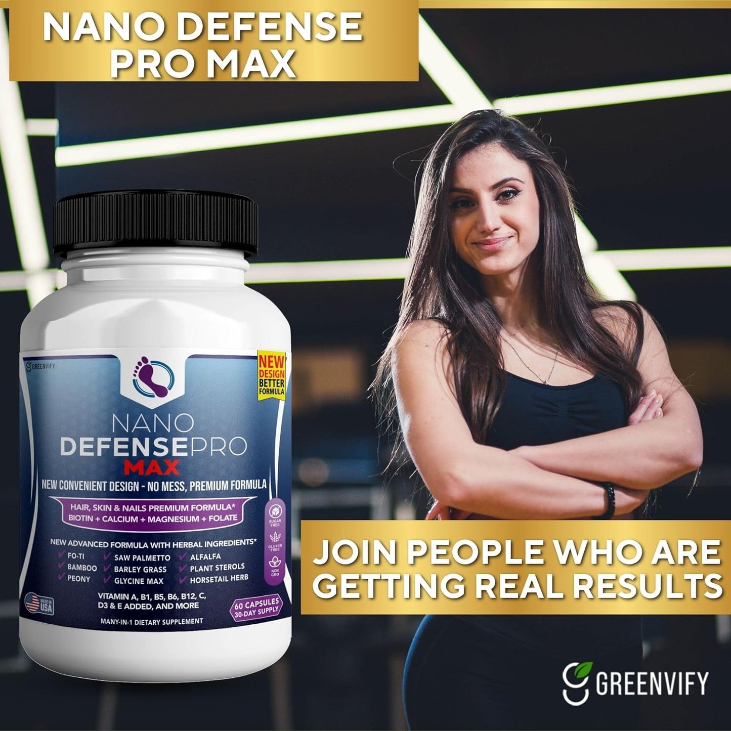 30-Day Supply of GREENVIFY Nano Defense Pro Max Hair Skin and Nails Supplement with Biotin, Calcium, and Magnesium Complex - 60 Capsules (2 Pack)