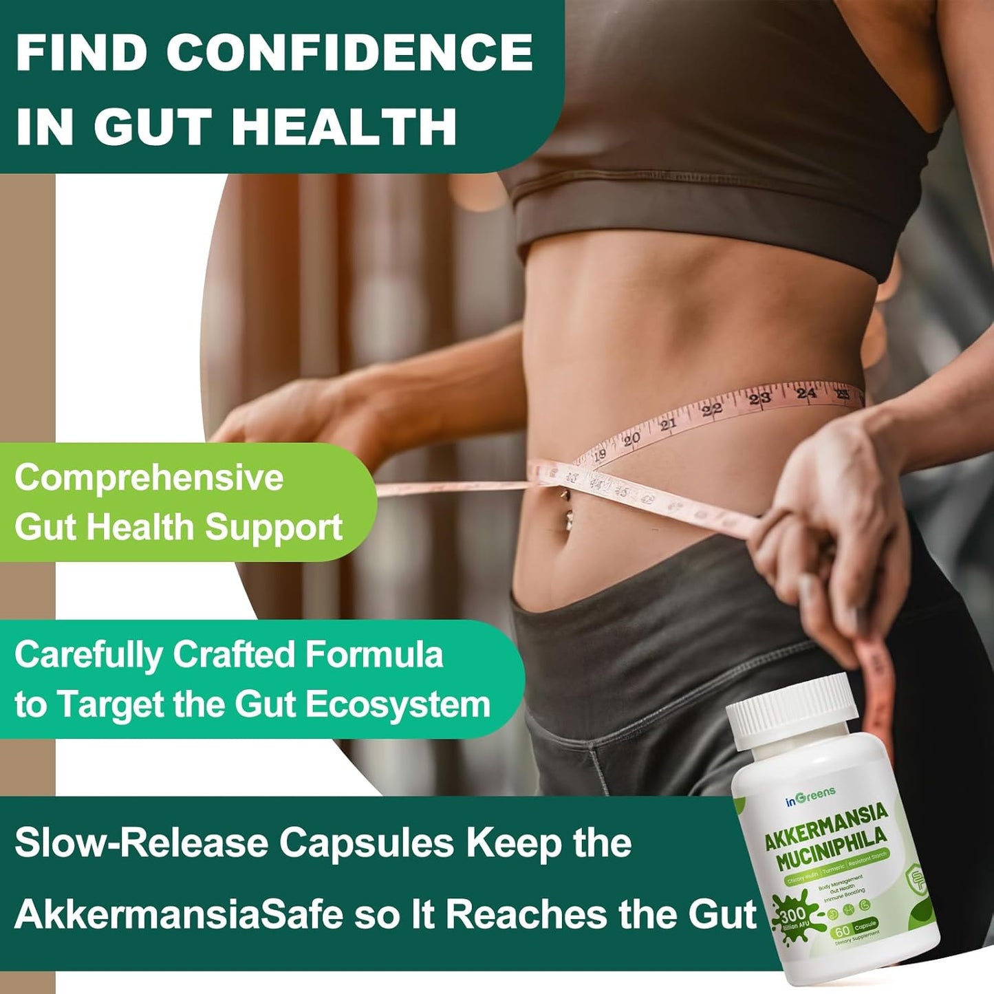 30 Day Supply of inGreens Akkermansia Muciniphila Probiotic with Chicory Inulin, Turmeric, Resistant Starch - Vegan & Gluten Free Gut Management Supplement