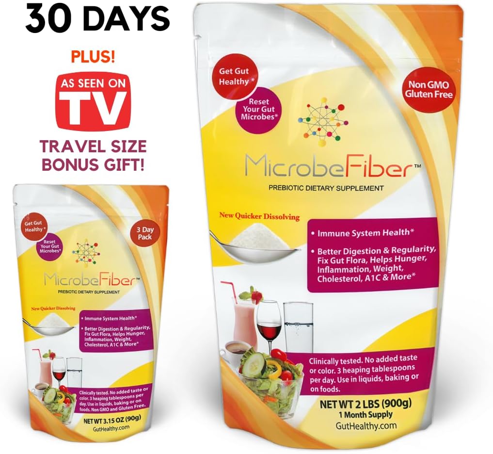 30-Day Supply of MicrobeFiber Prebiotic Soluble Fiber to Improve Gut Health & Reset Gut Microbiome - Includes Bonus 3-Day Pack