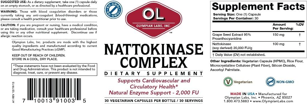 30-Day Supply of Olympian Labs Nattokinase Complex with Grape Seed Extract for Heart Health Support